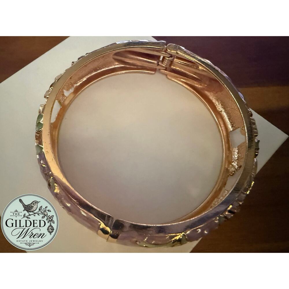 Vintage Lavender Enamel Floral Rhinestone Gold Tone Hinged Bangle Bracelet - Picture 6 of 6